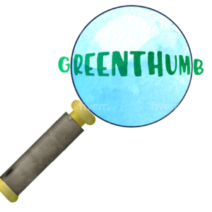 Green thumb logo with a magnified glass image