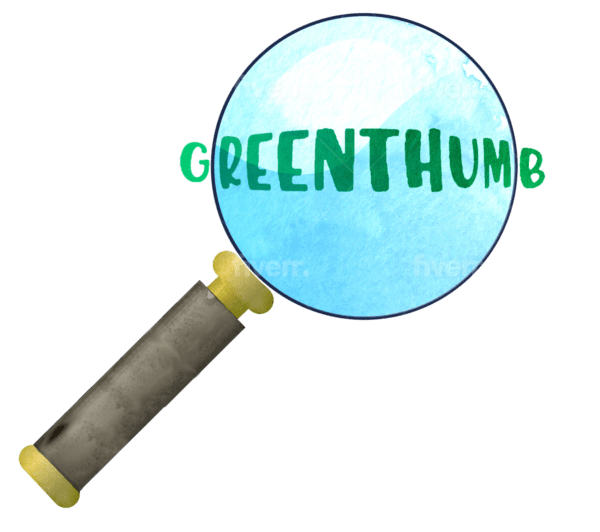 Green thumb logo with a magnified glass image